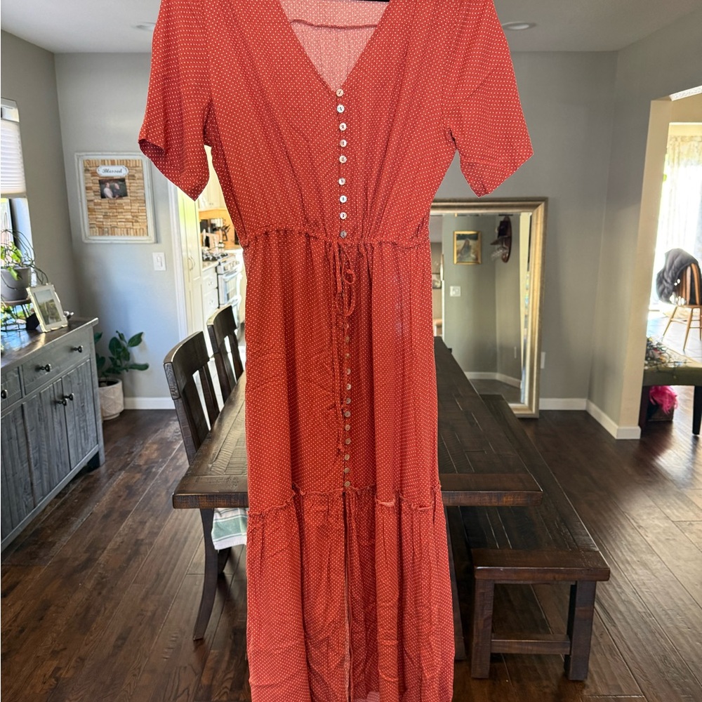 Rust Red Polka Dot Maxi Dress with Button Front